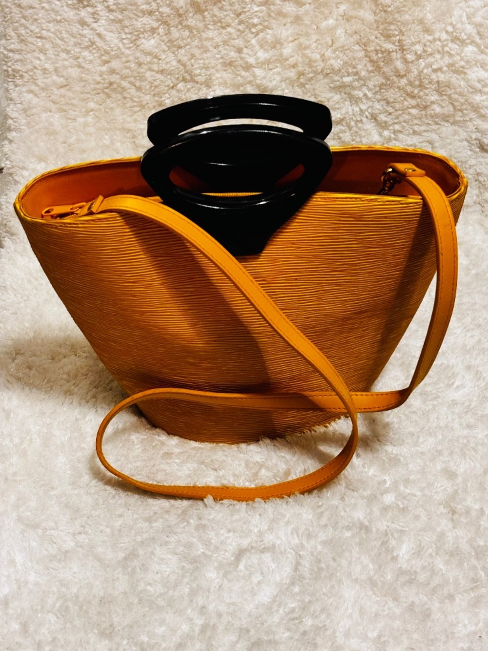 Women’s Bucket Bag Embossed Yellow Detachable Strap Zip Closure